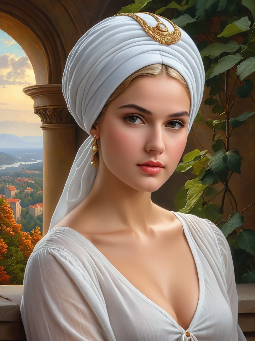 Elegant Portrait of a Woman in White Turban and Garment