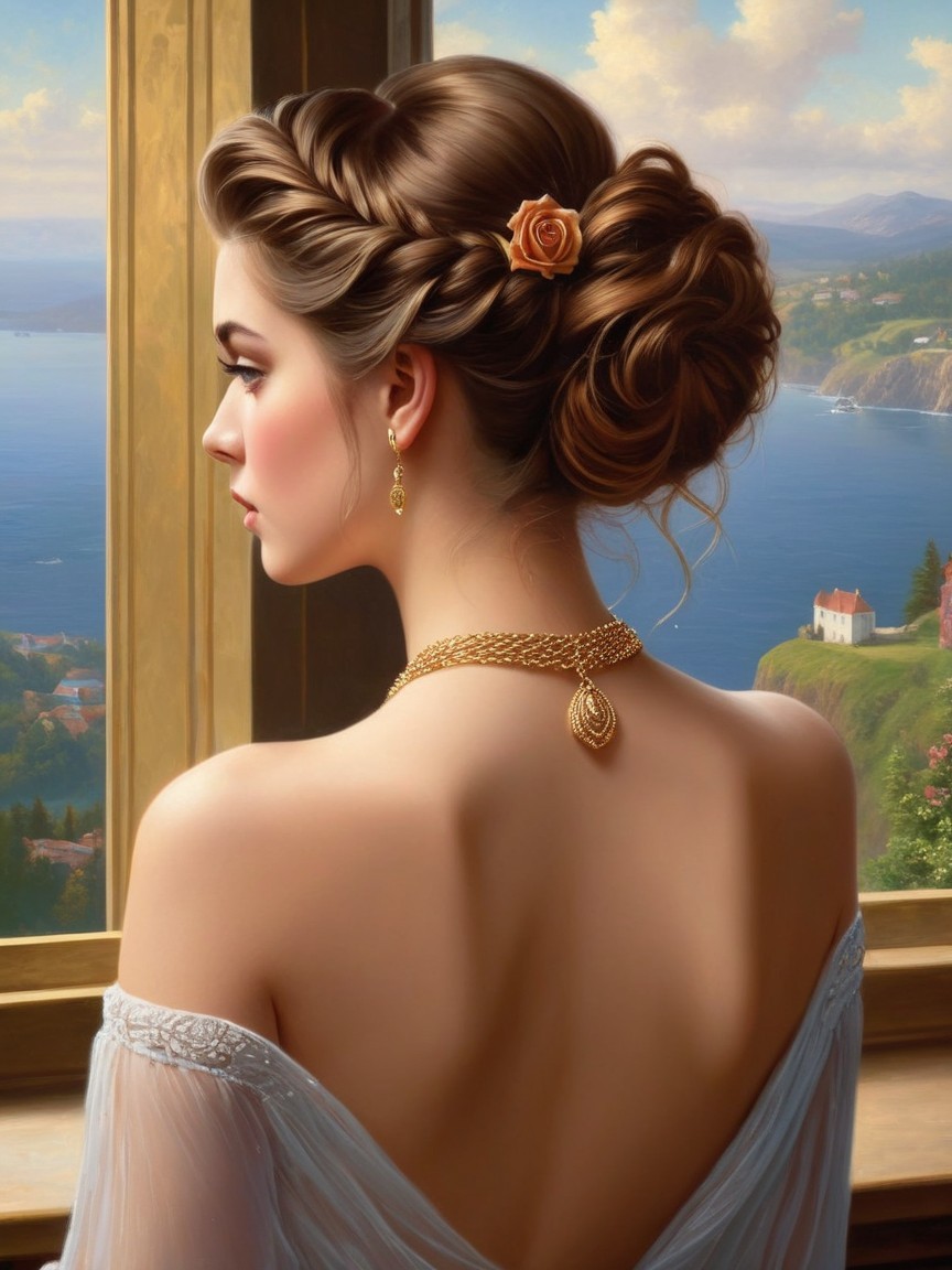 Elegant Woman in Off-Shoulder Gown with Scenic Backdrop