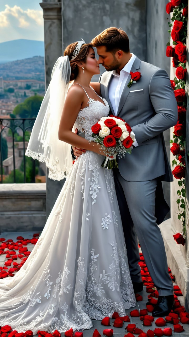 Elegant Bride and Groom in Romantic Garden Setting