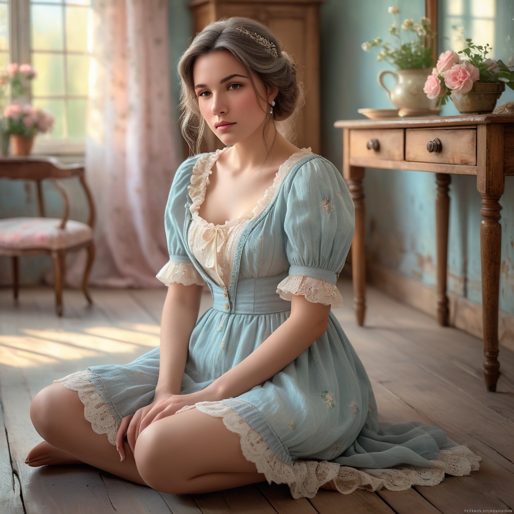 Young Woman in Vintage Dress in Sunlit Room