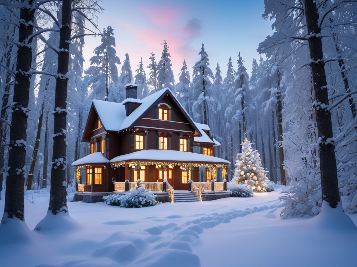 Snow-Covered House in a Serene Winter Forest