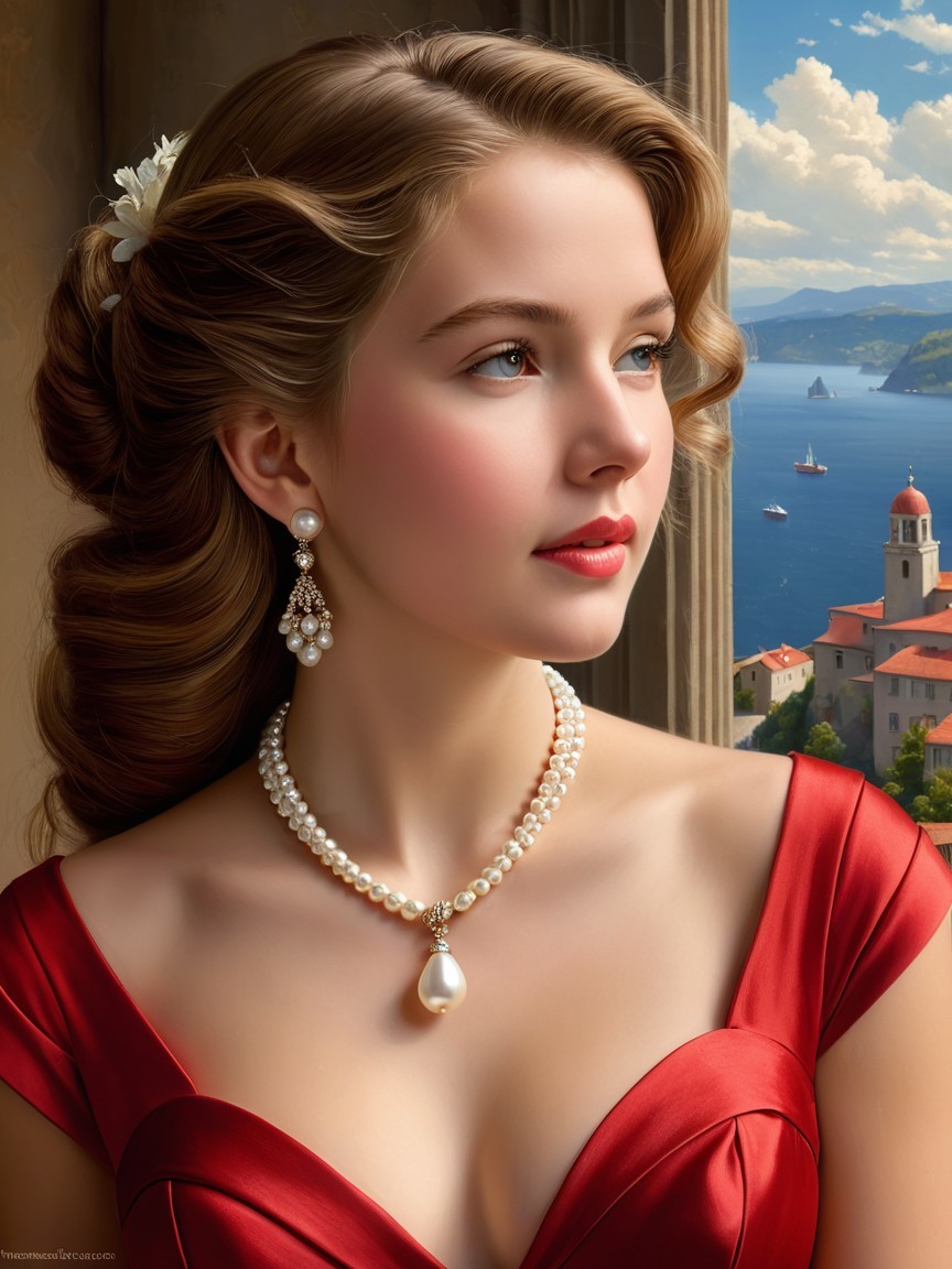 Elegant Woman in Red Dress Against Serene Landscape