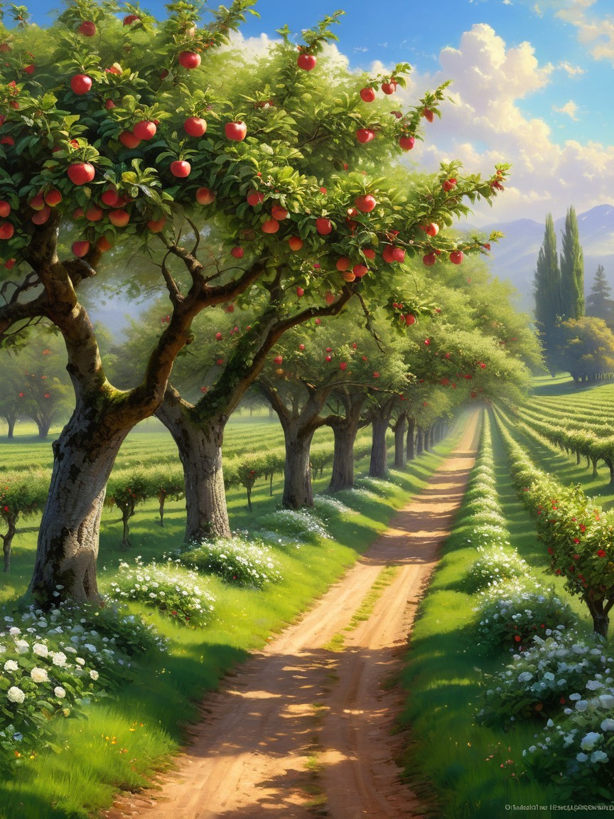 Orchard Pathway with Apple Trees and Scenic Hills