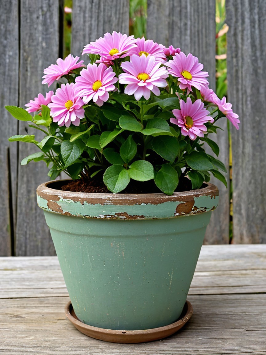 Vibrant Pink Daisies in Rustic Green Pot Arrangement
