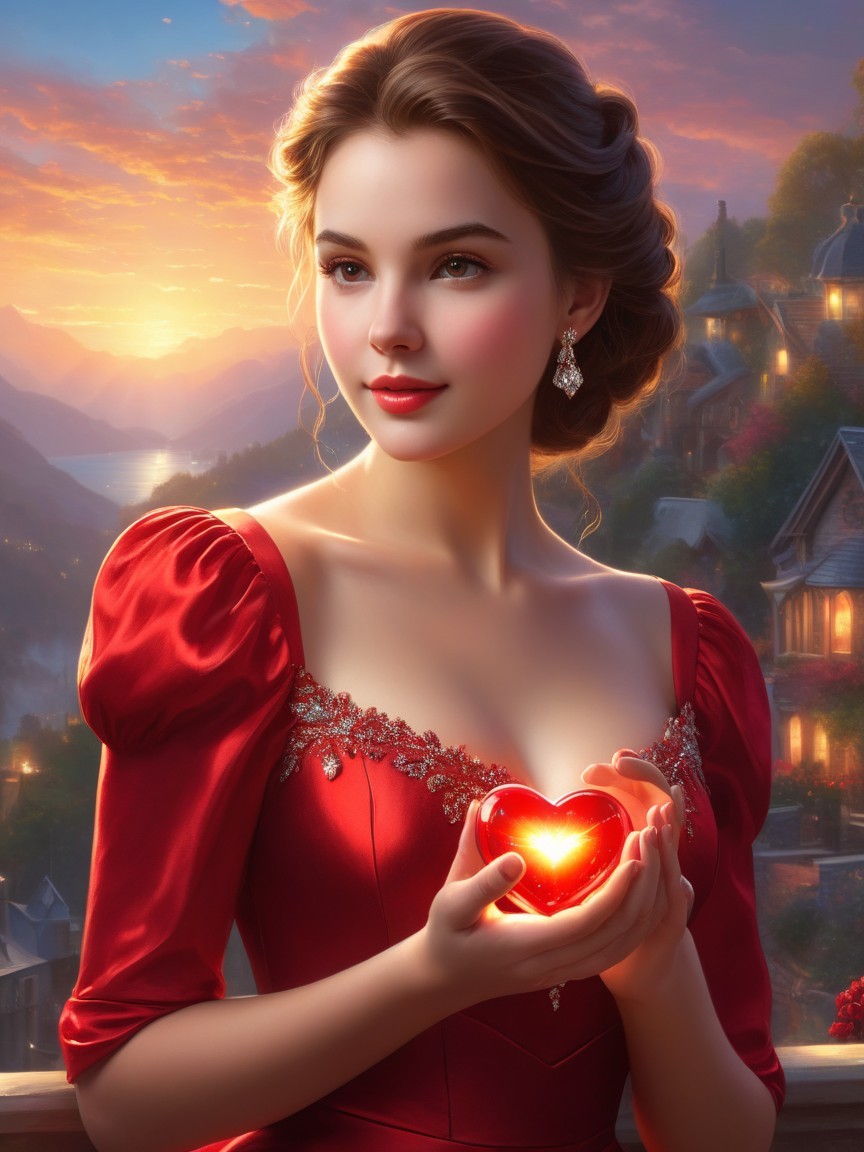Young woman in red gown holds glowing heart at sunset