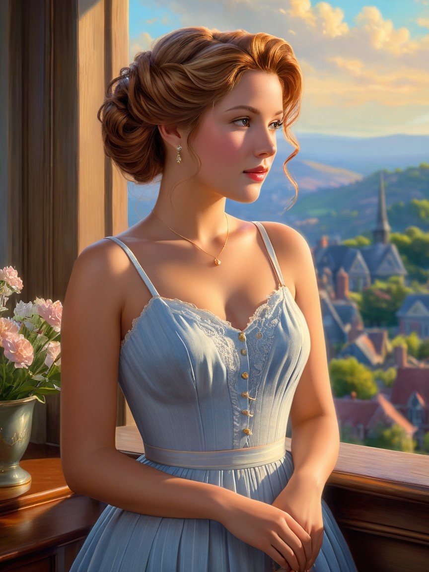 Young woman in light blue dress by a window