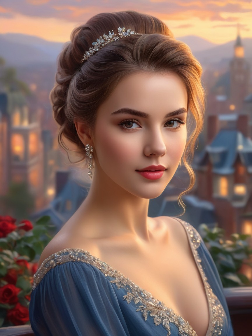 Young Woman in Blue Gown with Sunset Cityscape Background