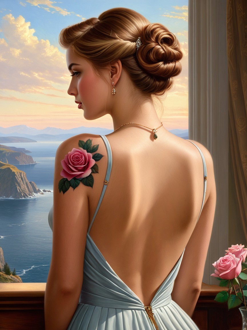 Elegant Woman at Sunset Over Coastal Landscape