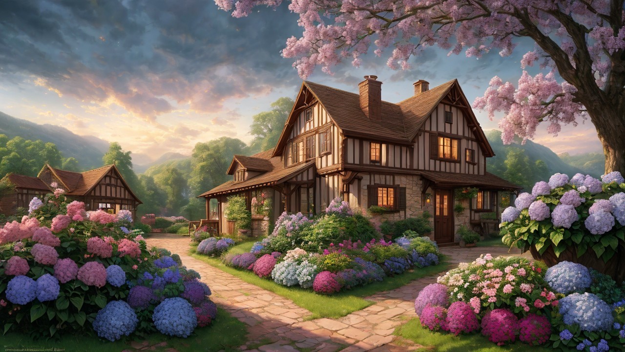 Tudor-Style House Surrounded by Colorful Gardens