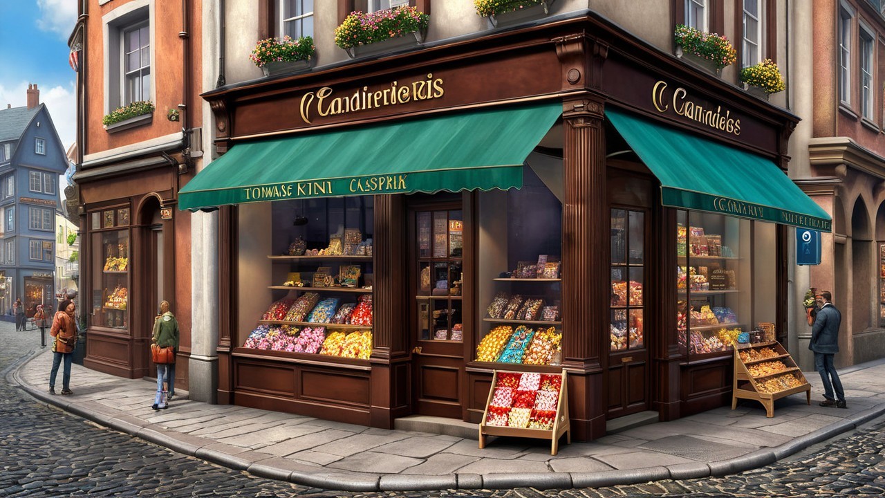 Charming Candy Shop on Cobblestone Street Corner