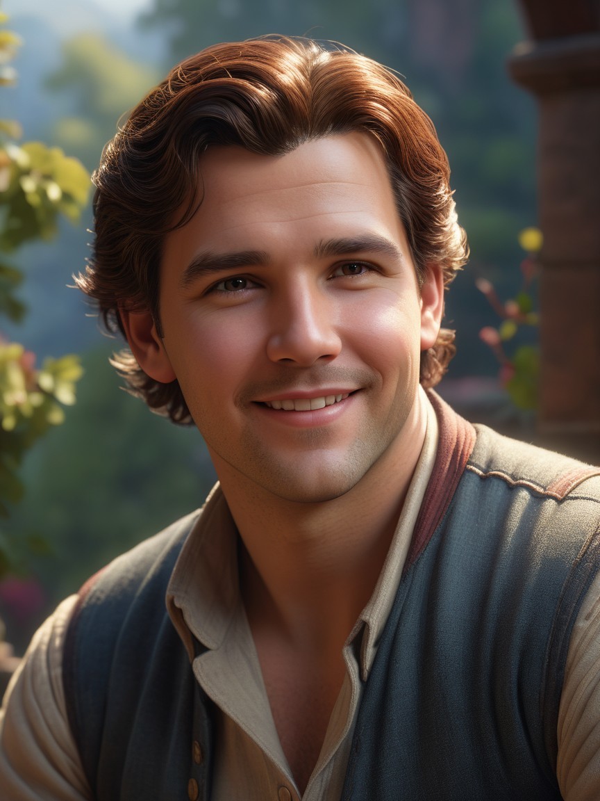 Young man with wavy hair in serene green setting