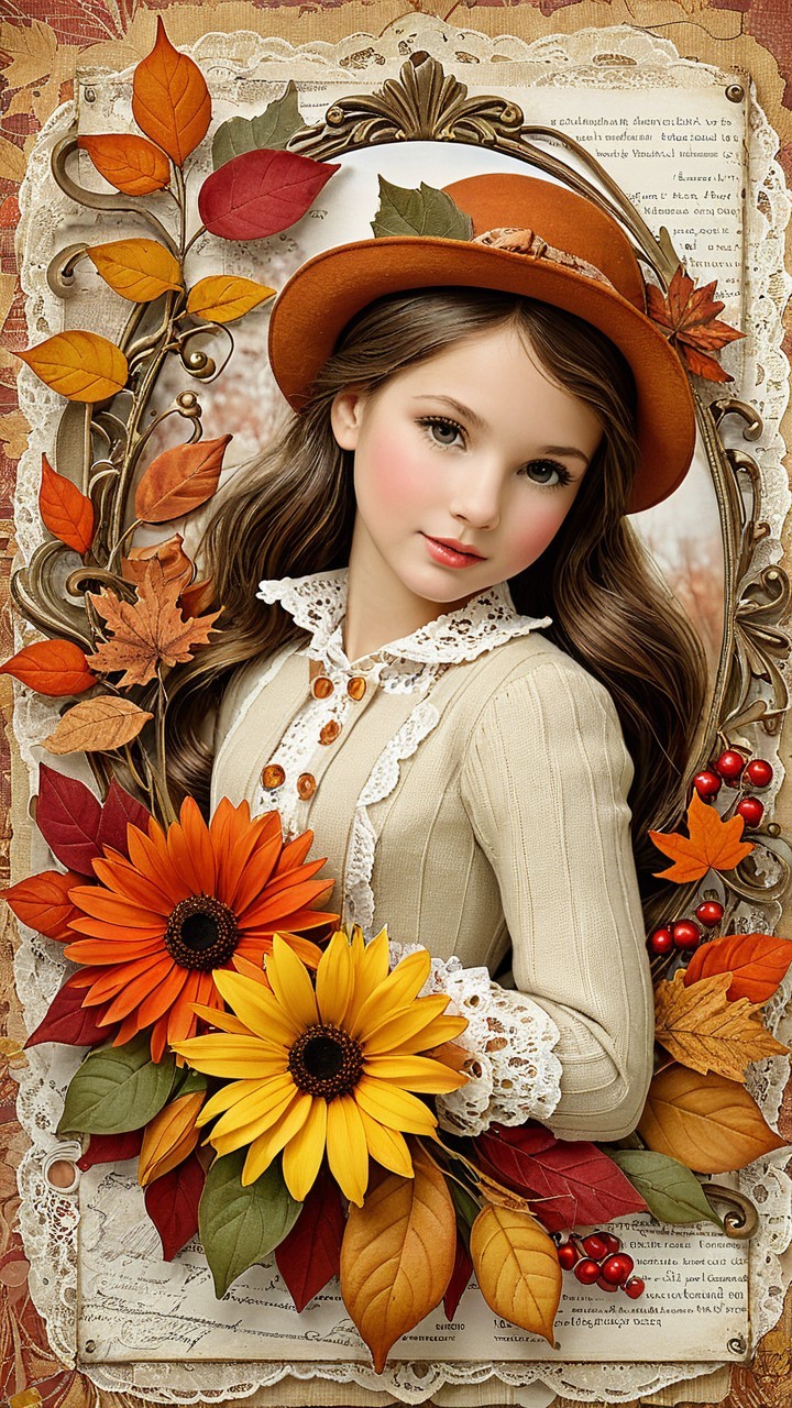 Young girl in vintage outfit with sunflowers and leaves