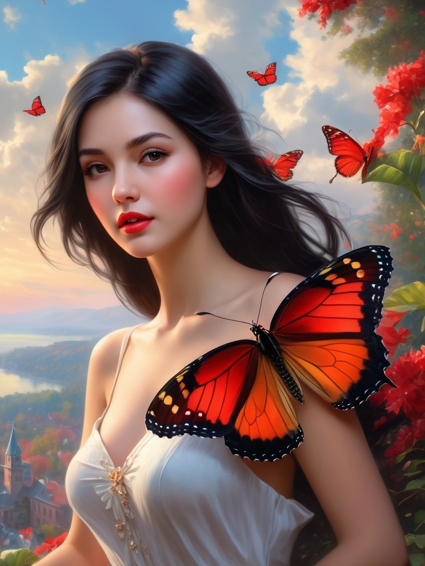 Young woman in white dress with butterflies in nature