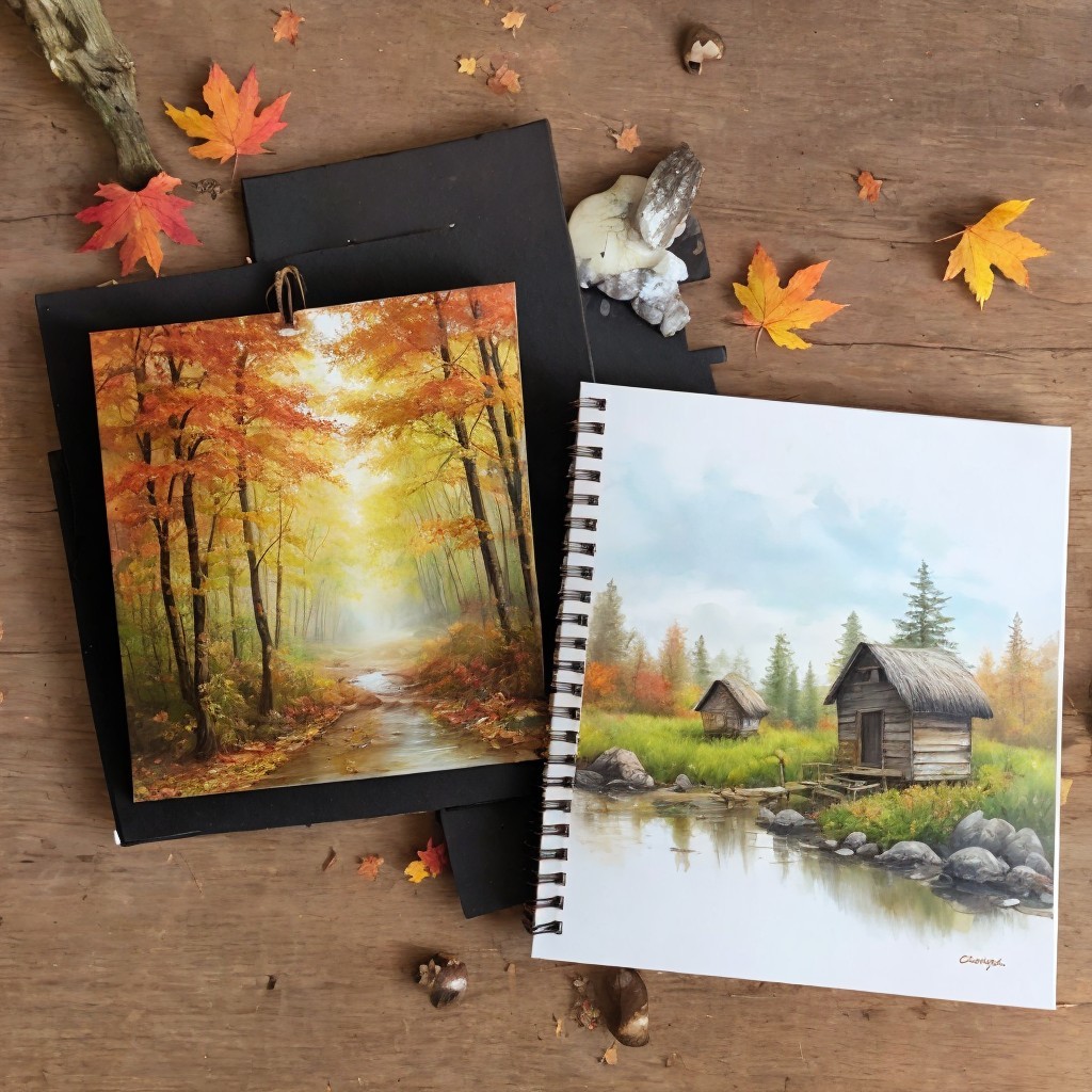 Autumn-Themed Art Featuring Forest and Rustic Huts