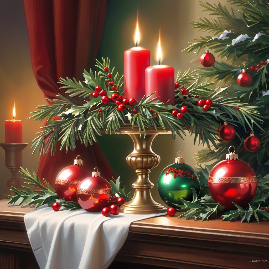 Richly Adorned Christmas Tabletop with Candles and Decor