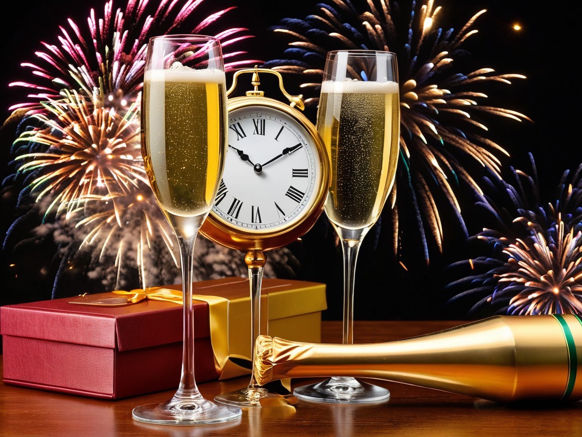 Champagne Flutes and Gifts with Fireworks Background
