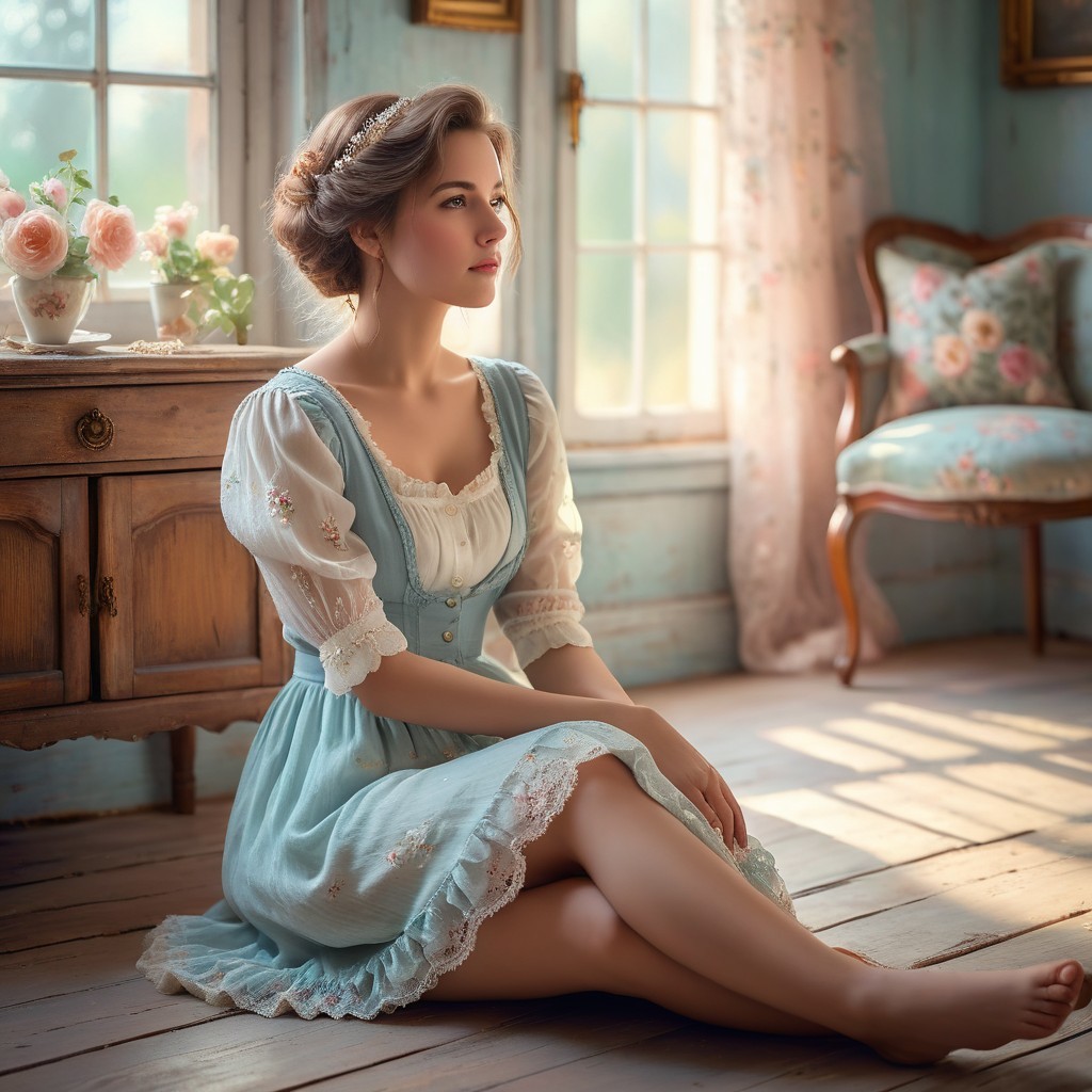 Young Woman in Vintage Dress by Sunlit Window