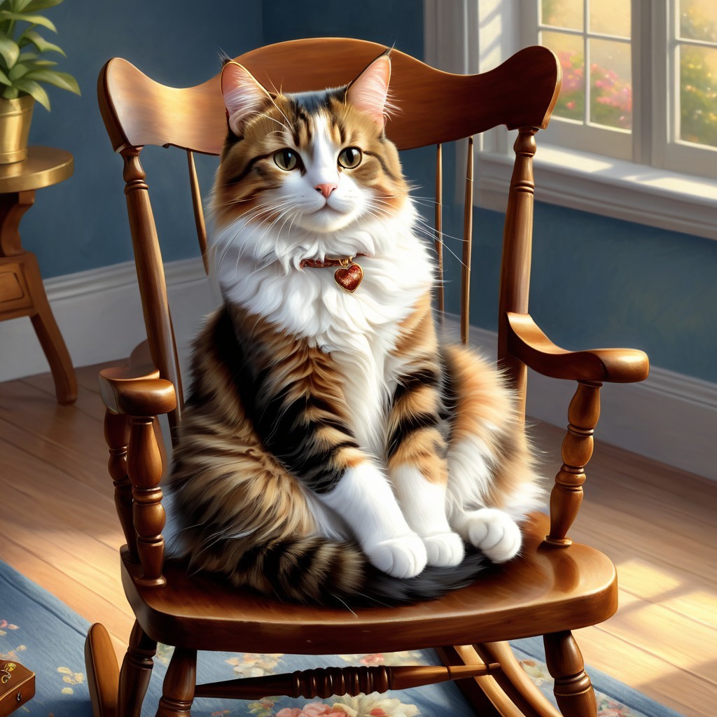 Calico Cat in Wooden Rocking Chair with Sunlight