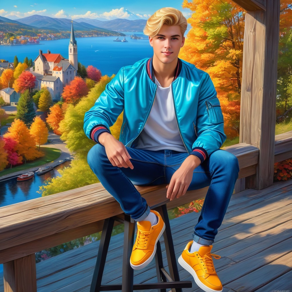 Young man in turquoise jacket against autumn landscape