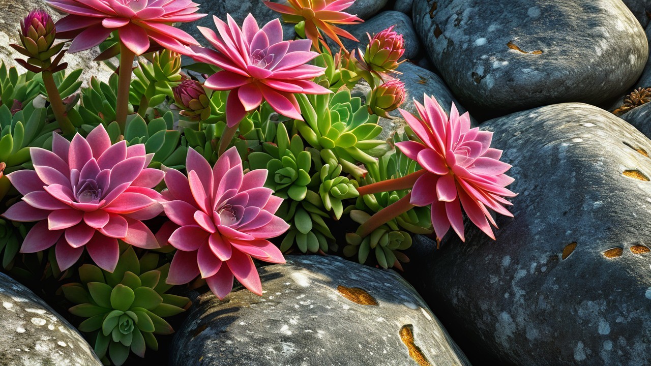 Pink Succulents Among Weathered Stones in Nature