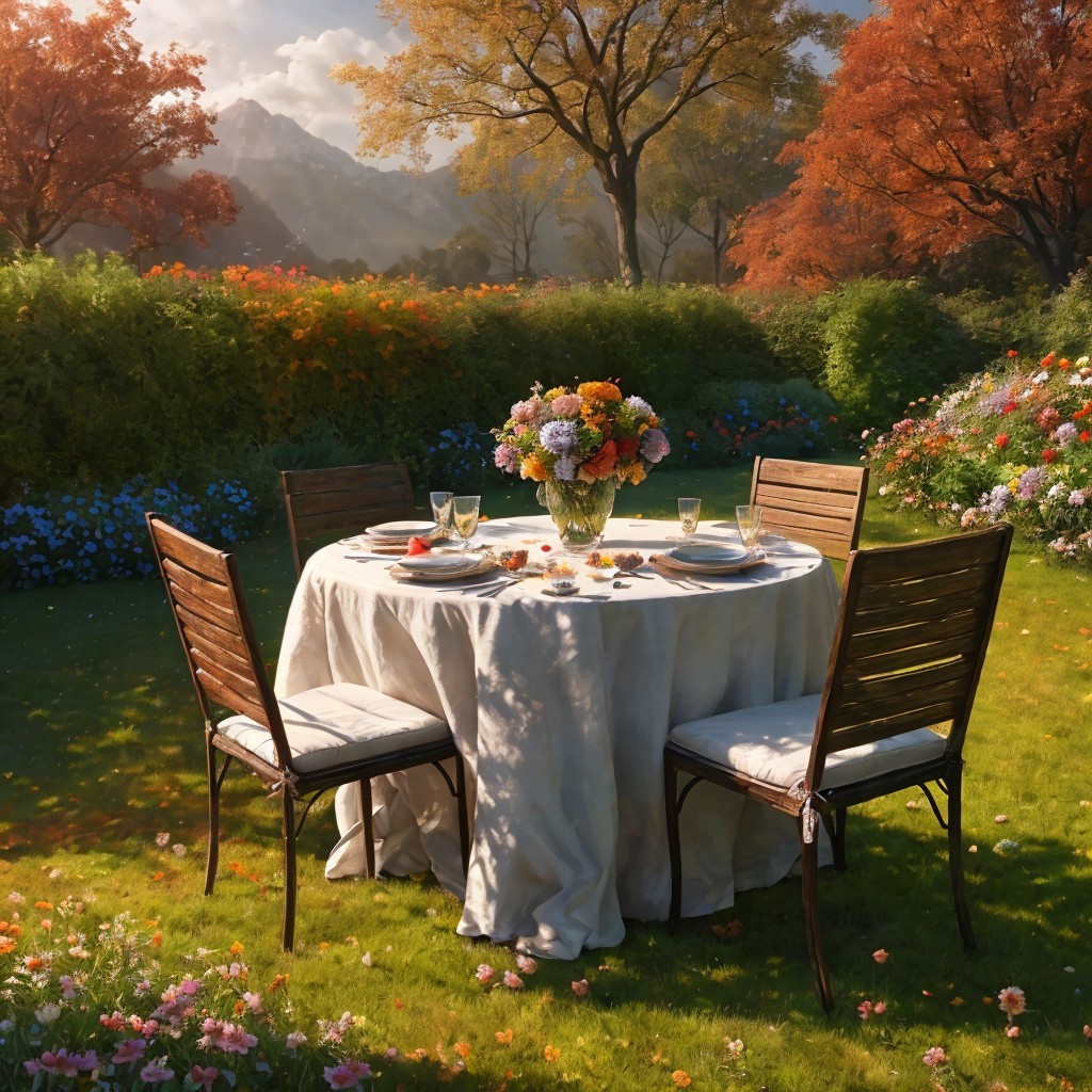 Charming Outdoor Dining Scene with Floral Centerpiece