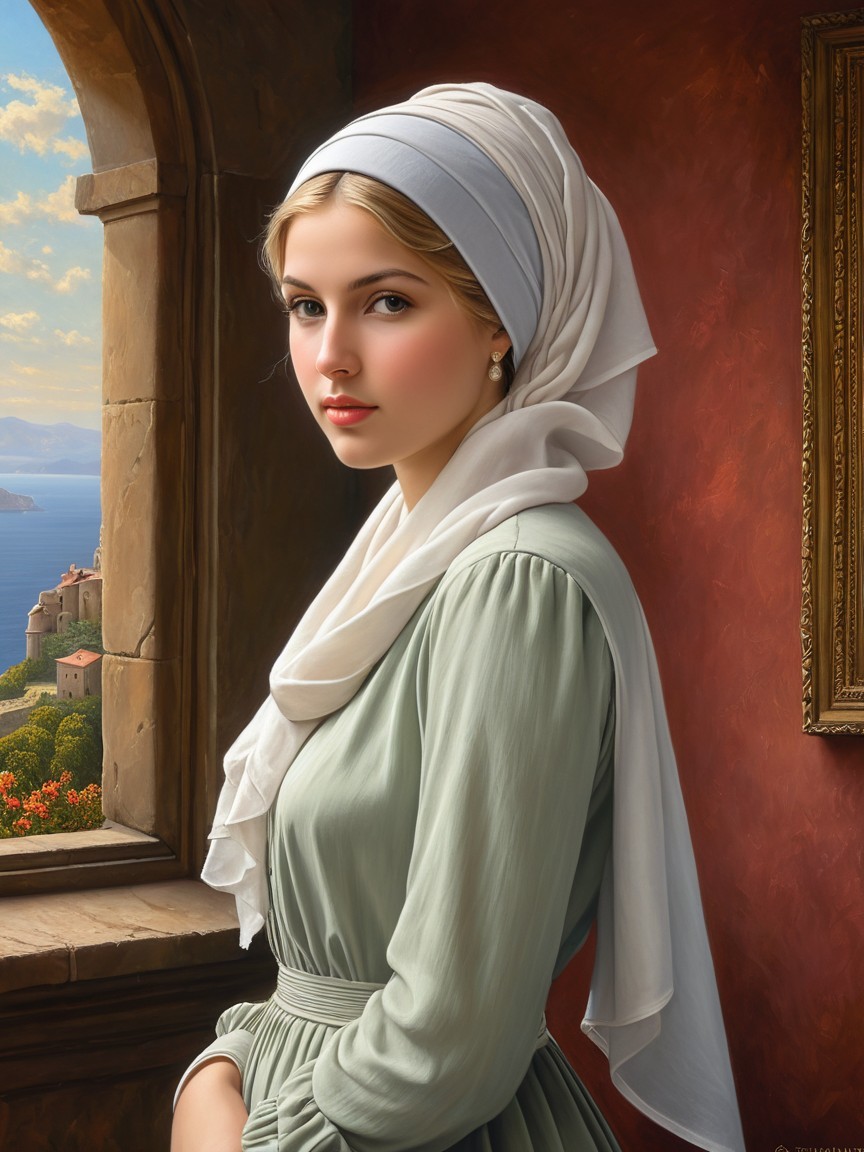 Graceful Woman in Sunlit Room with Scenic View
