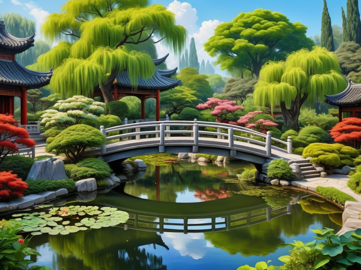 Serene Garden with Stone Bridge and Vibrant Flora