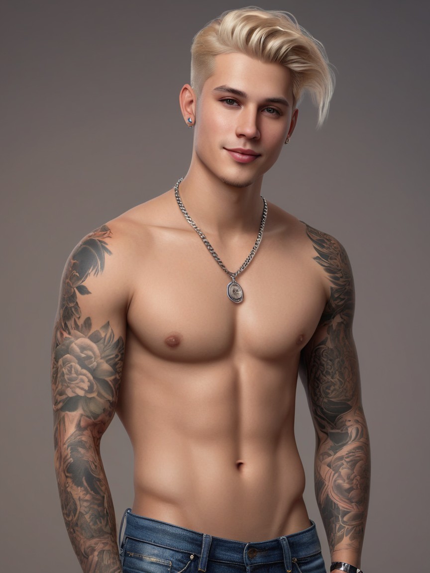 Muscular Young Man with Tattoos and Stylish Hair