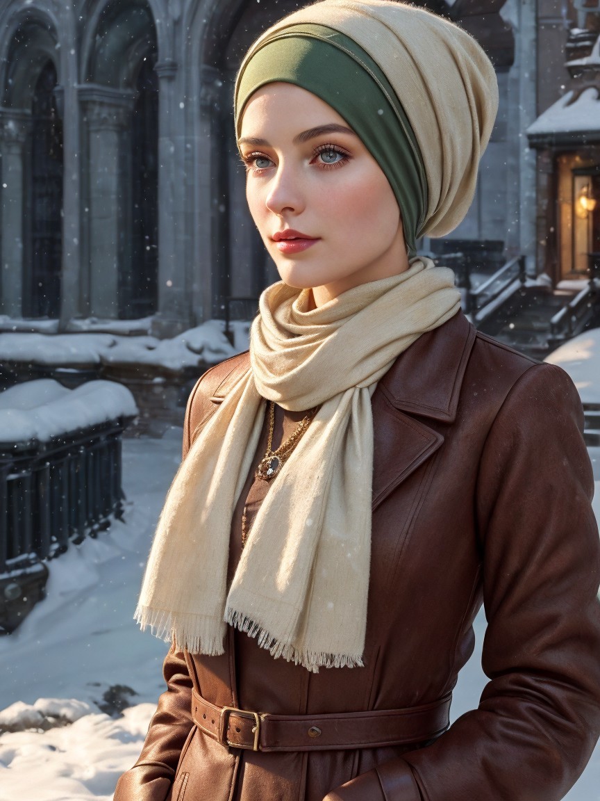Young Woman in Stylish Winter Outfit in Snowy Setting