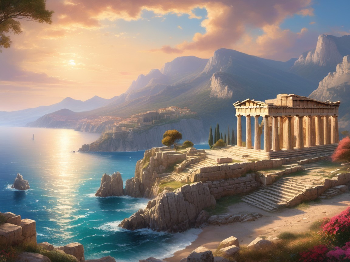 Coastal Landscape with Ancient Temple at Sunset