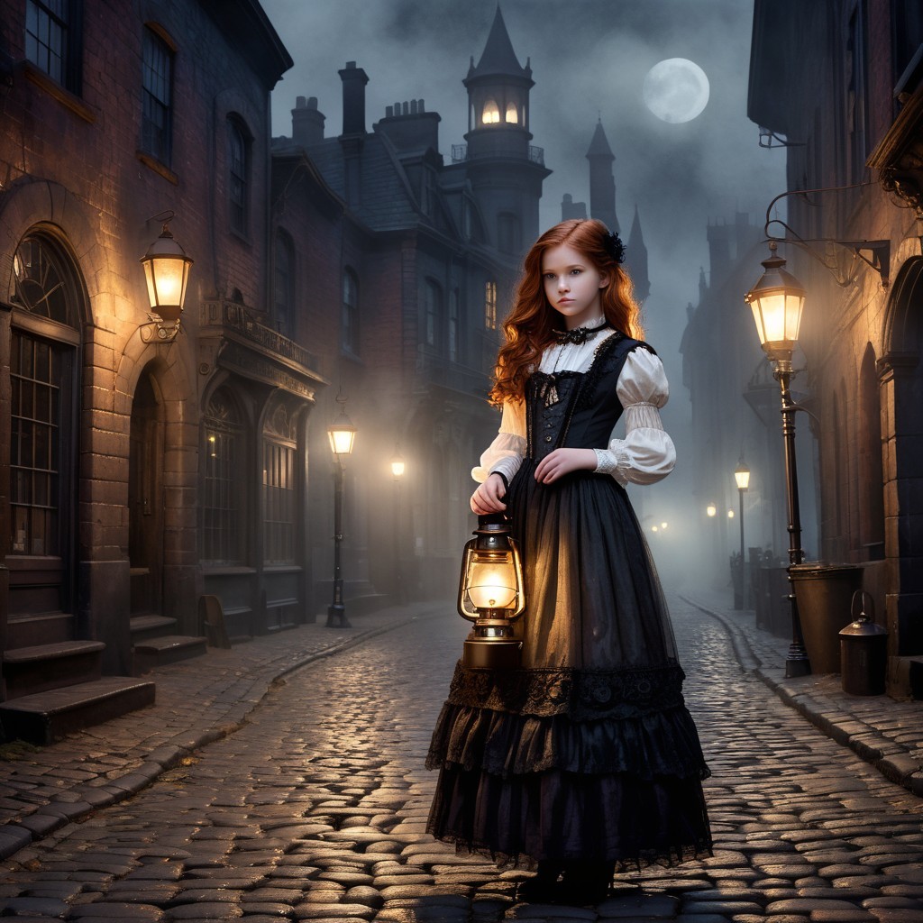 Misty Cobblestone Street with Lantern and Shadows