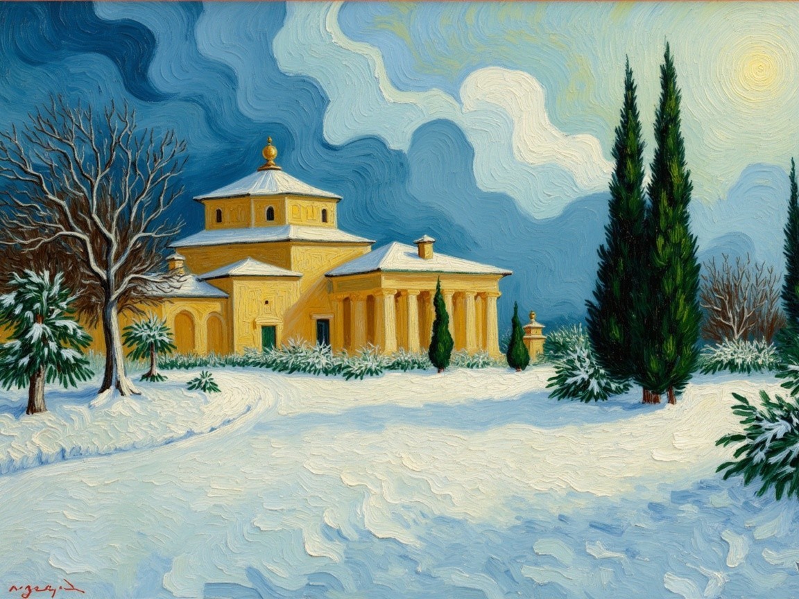 Winter Landscape with Yellow Classical Building