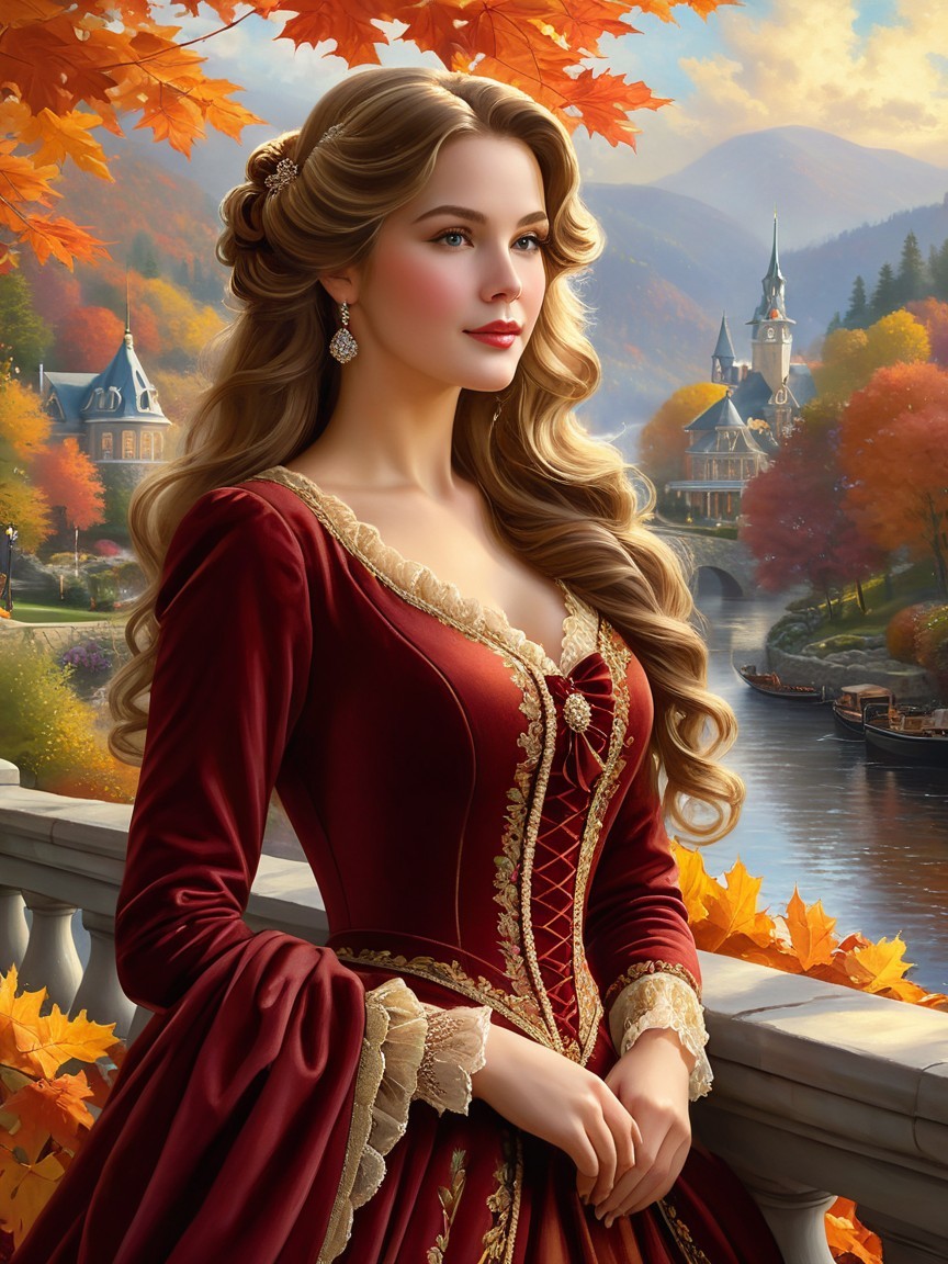 Young Woman in Burgundy Gown Amid Autumn Foliage