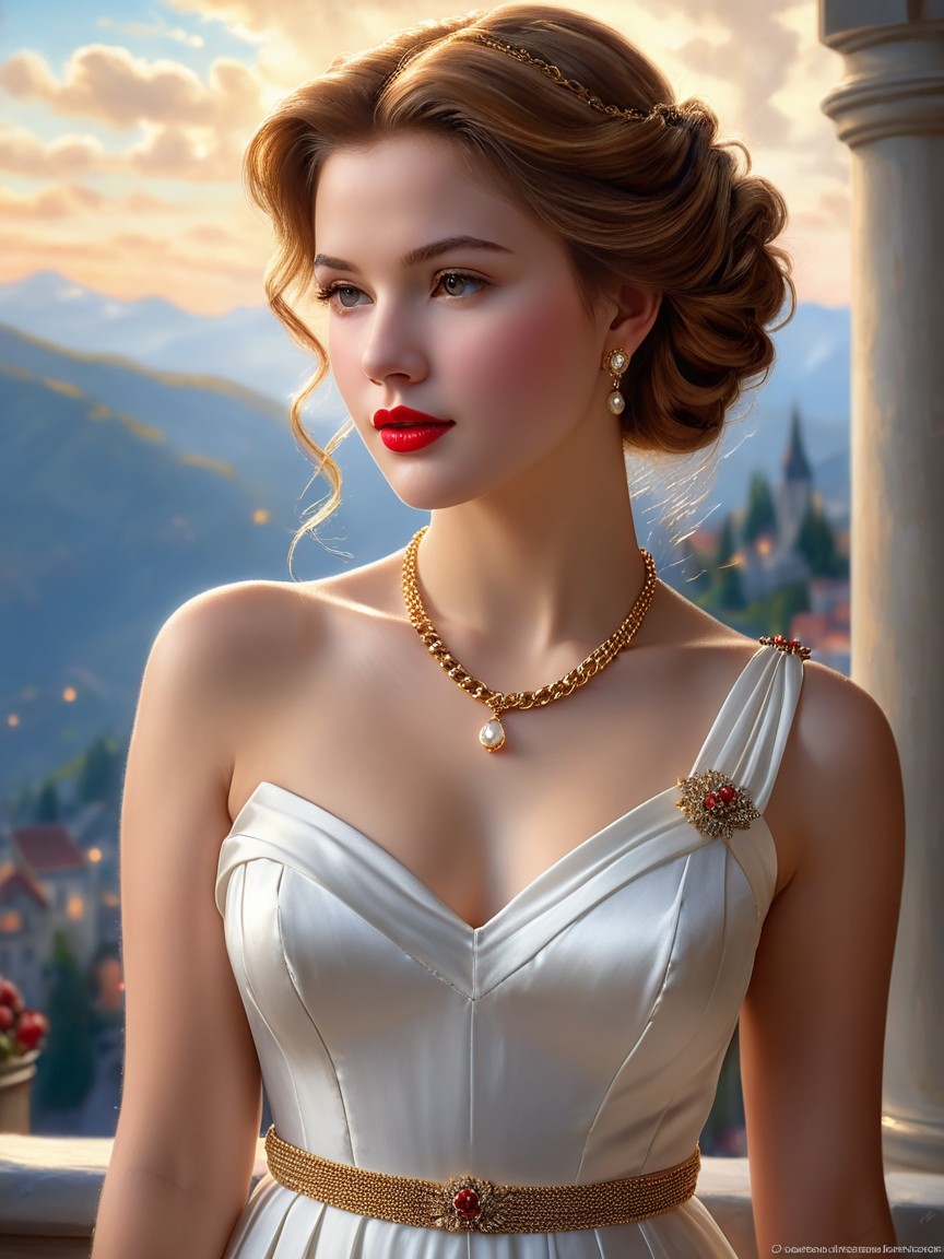 Elegant young woman in white gown with golden accents