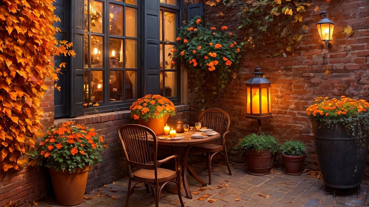 Cozy Outdoor Dining Area with Rustic Decor and Flowers