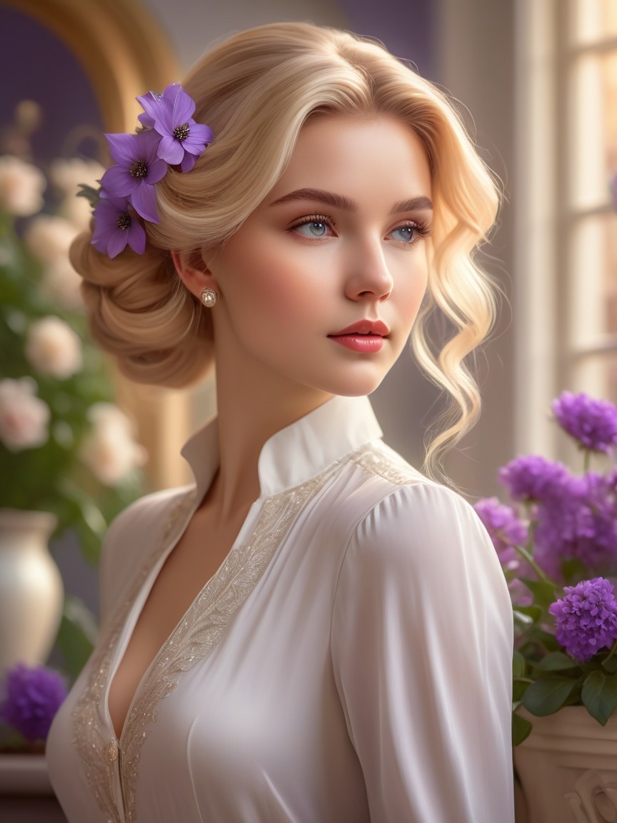 Close-up Portrait of a Young Woman with Flowers