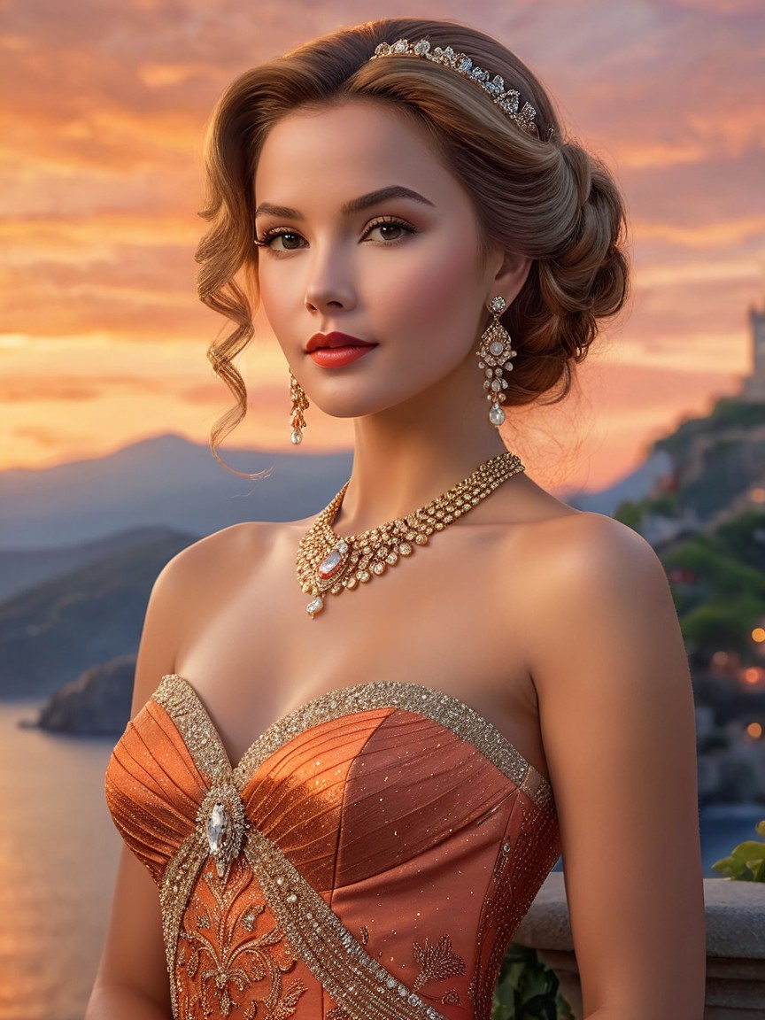 Elegant Woman in Orange Gown Against Sunset Backdrop
