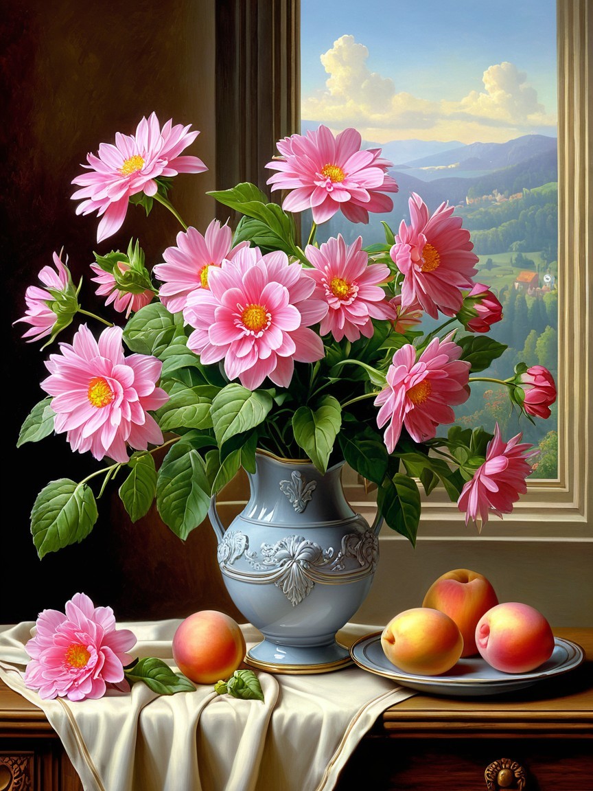 Still Life with Pink Dahlias and Peaches in Nature