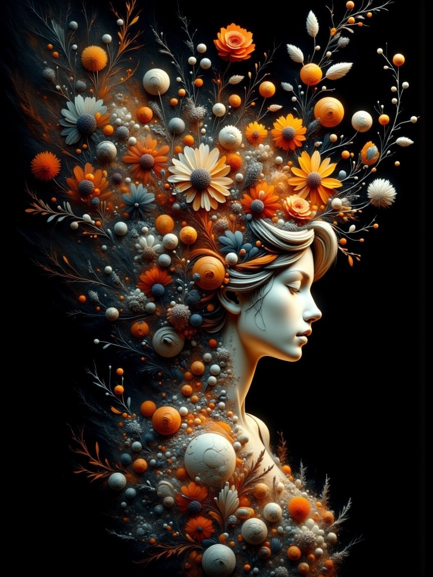 Stylized female profile with vibrant floral elements