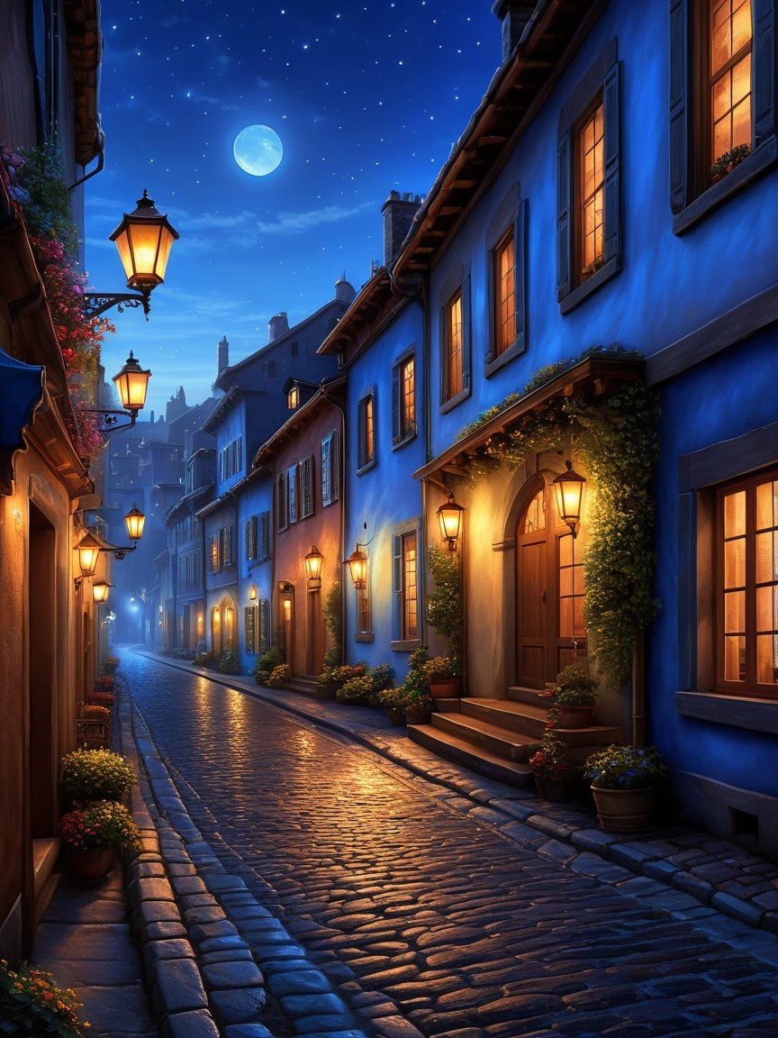 Moonlit Cobblestone Street with Vintage Houses and Lamps