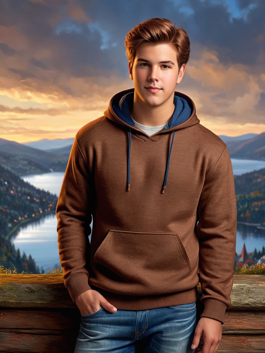 Young man by serene lake and mountains at sunset