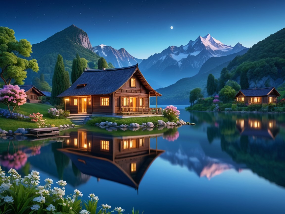 Twilight Lakeside Scene with Cabin and Mountains