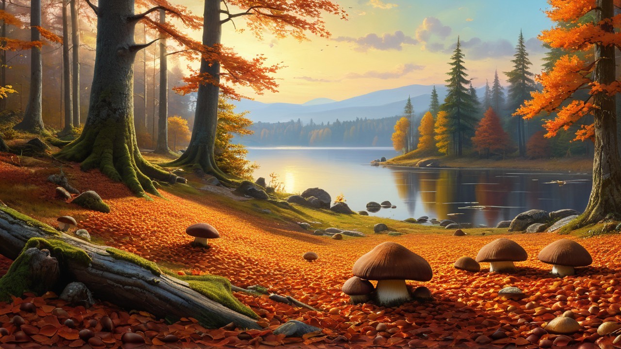 Serene Autumn Landscape with Tranquil Lake and Foliage