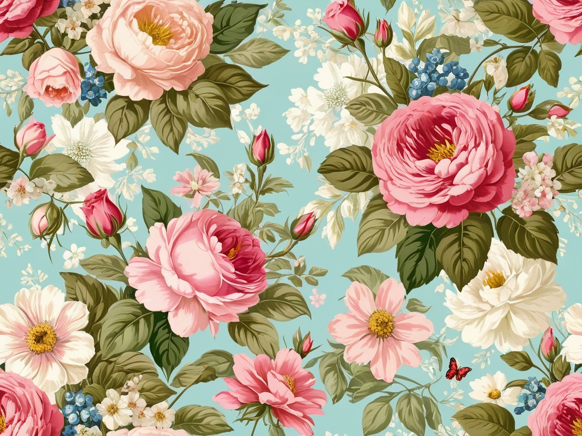 Vibrant Floral Pattern with Peonies and Blue Flowers