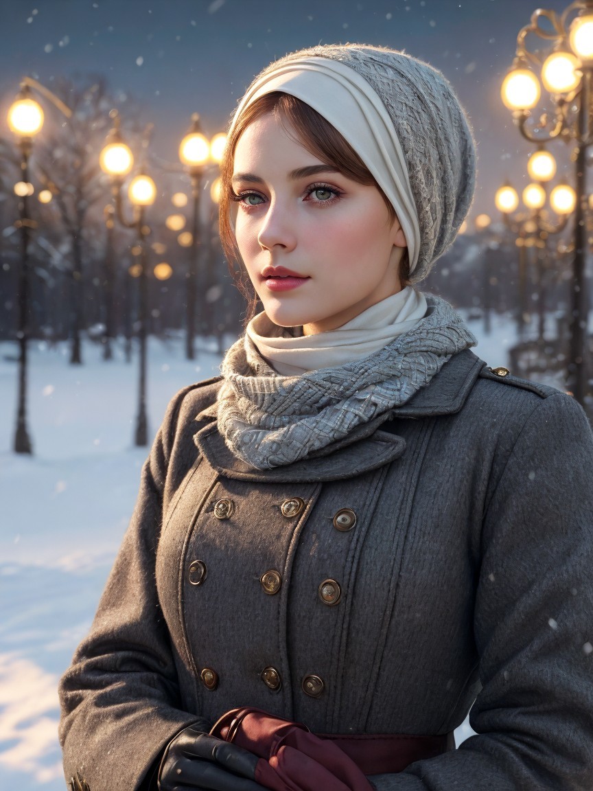 Young Woman in Gray Coat in Snowy Landscape