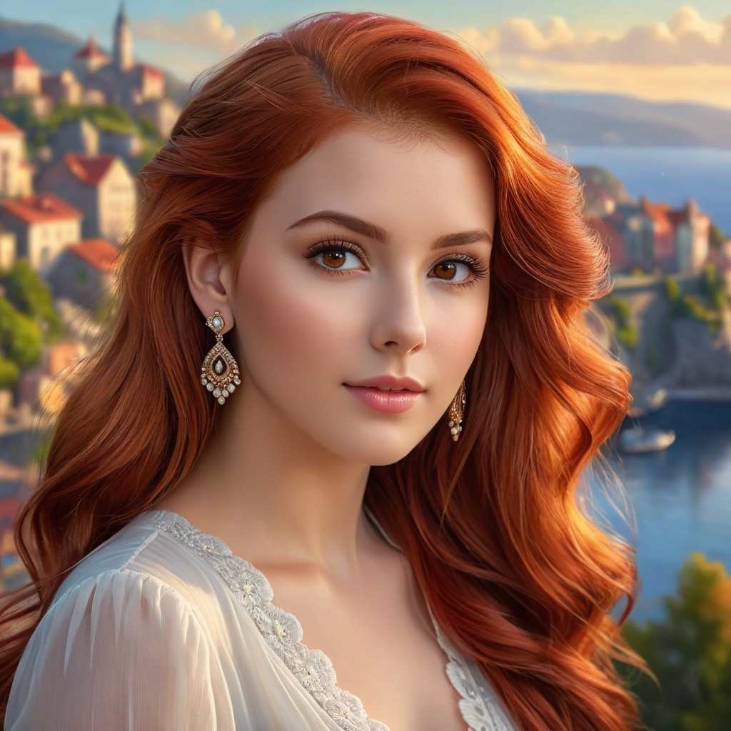 Young Woman with Red Hair in Picturesque Town