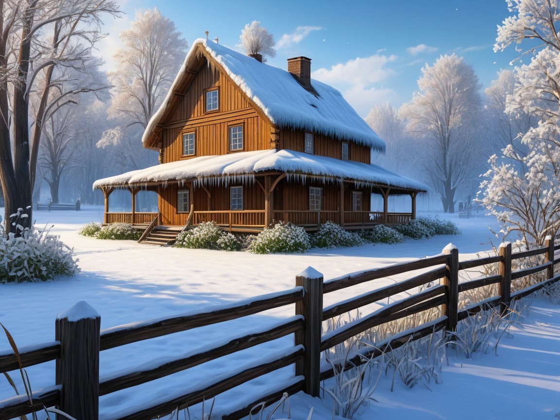 Cozy Wooden House in Snowy Winter Landscape