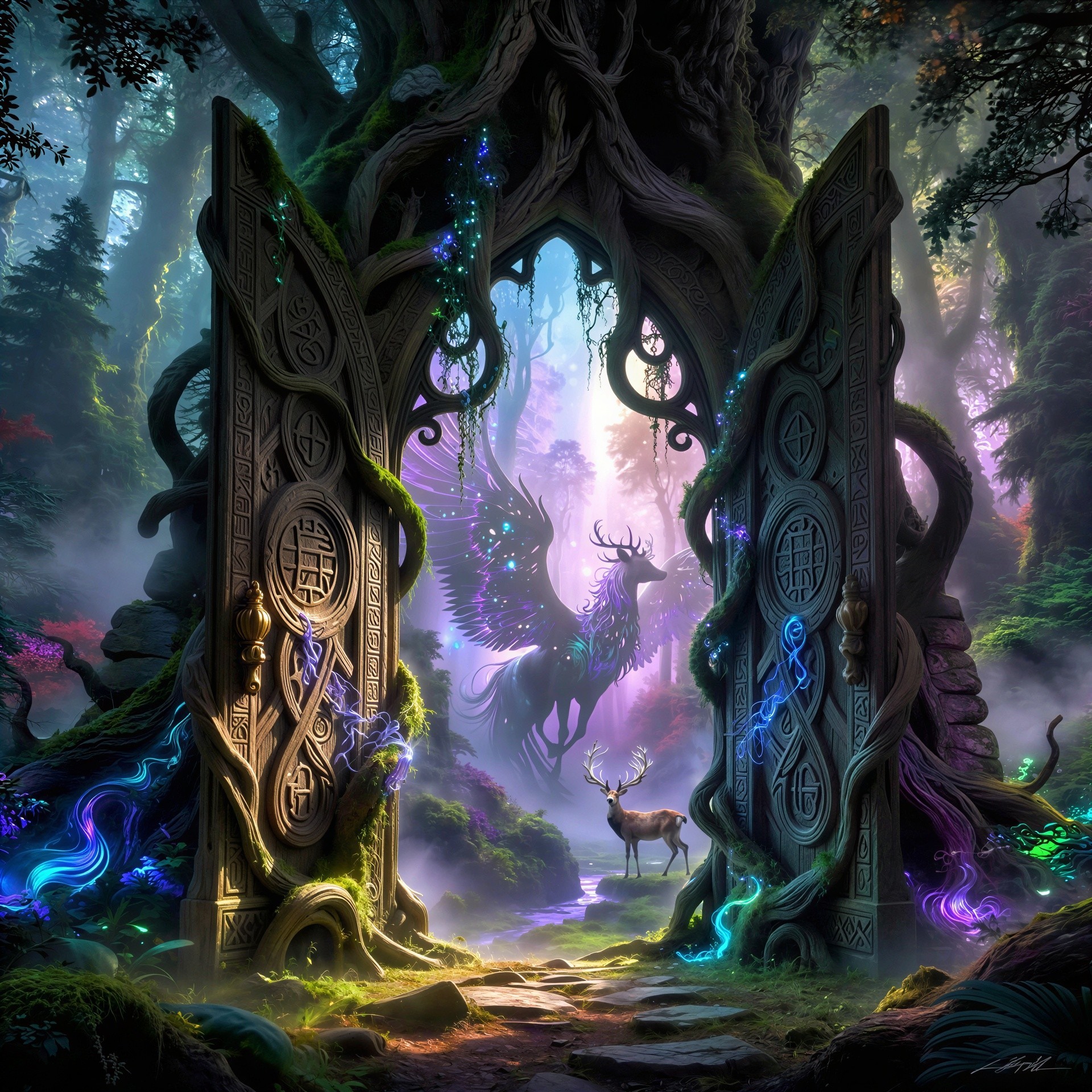 Enchanted Forest Gate with Mystical Creatures and Lights