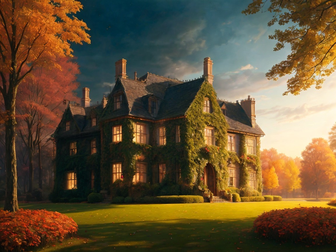 Ivy-Covered Mansion Surrounded by Autumn Foliage