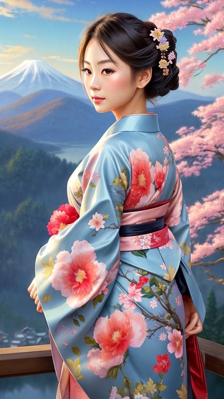 Young Woman in Kimono Among Cherry Blossoms